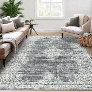 Washable Area Rug 5x7 Rug for Living Room Vintage Floral Area Rug for Bedroom Retro Non Slip Throw Rugs Soft Low Pile Stain Resistant Carpet for Dining Room Nursery Rug 5'x7' Grey