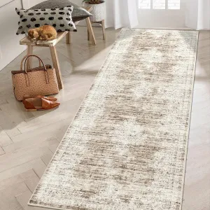 Washable Runner Rug 2x6 Vintage Non Slip Stain Resistant Pearl Velvet Soft Low Pile Rubber Backing Light Brown for Kitchen Hallway