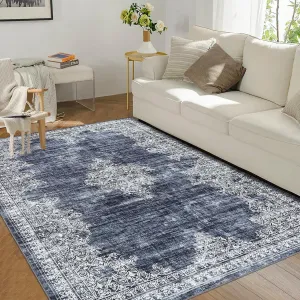 Washable 8x10 Vintage Tribal Area Rug - Low Pile, Distressed Medallion - Soft Polyester, Machine Washable - Non-Slip, Durable - Living Room, Bedroom, Office