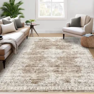 Vintage Light Brown 8x10 Area Rug for Living Room Washable Bedroom Rug Traditional Large Area Rug Soft Faux Wool Non Slip Throw Rugs Low Pile Stain Resistant Carpet for Dining Room