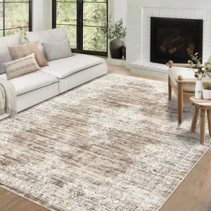 Washable Vintage Area Rug 9x12 Low Pile Non Slip Pearl Velvet Soft Stain Resistant Light Brown Living Room Bedroom Dining Room