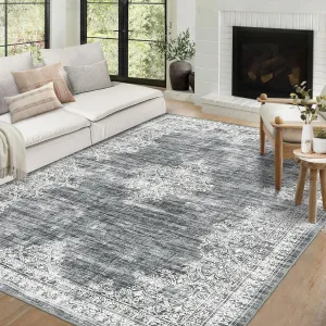 Vintage Area Rug 8x10 - Soft Low-Pile, Stain Resistant, Washable, Non-Slip Backing - Floral Pattern for Living Room Bedroom Dining