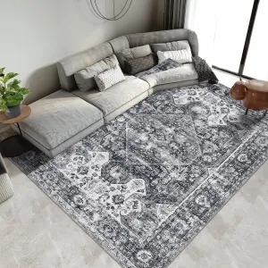 Washable Area Rug 5x7 Ft Vintage Distressed Soft Faux Wool Carpet Dark Gray Non Slip Low Pile