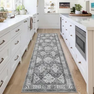 Persian Grey 2x6 Runner Rug Low Pile Non-Slip Machine Washable Vintage Distressed TPR Backing Durable Soft for Entryway Hallway Kitchen
