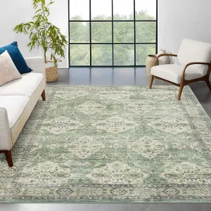 Washable Rugs 9x12 Green/Yellow, Boho Vintage Non Slip Low Pile Area Rug for Living Room Bedroom Office