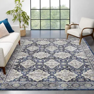 Persian Navy Blue 9x12 Washable Low Pile Area Rug with Non-Slip TPR Backing, Durable No-Shedding Carpet, Foldable Soft Plush for Bedroom Living Room Home Office