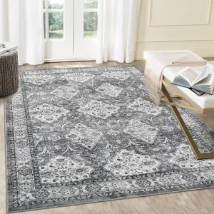 Persian Grey 5x7 Vintage Floral Washable Rug- Soft Low Pile, Stain Resistant - Polyester, Non-Slip Backing - Foldable, Non Shedding - Living Room, Bedroom, Dining