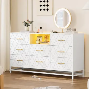 8 Drawer Dresser for Bedroom, White Dresser with Led Light, 55 Inch Tv Stand Dressers with Power Outlet, Large Dresser Bedroom with Deep Drawers, Handles, Modern Dresser Storage