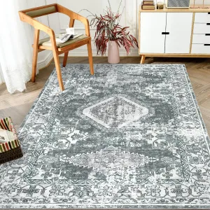 Washable Area Rug - Vintage Low-Pile Carpet, Non-Slip, Stain Resistant, Machine Washable, for Living Room Bedroom Bathroom Entryway Dorm Kitchen