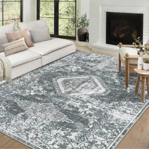 Washable Area Rug - Vintage Low-Pile Carpet, Non-Slip, Stain Resistant, Machine Washable, for Living Room Bedroom Bathroom Entryway Dorm Kitchen