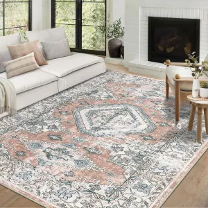 Washable Area Rug - Vintage Low-Pile Carpet, Non-Slip, Stain Resistant, Machine Washable, for Living Room Bedroom Bathroom Entryway Dorm Kitchen