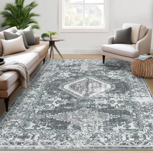 Washable Area Rug - Vintage Low-Pile Carpet, Non-Slip, Stain Resistant, Machine Washable, for Living Room Bedroom Bathroom Entryway Dorm Kitchen
