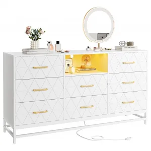 White Dresser for Bedroom with 8 Deep Drawer, 59" TV Dresser Wooden Large Long Dresser with Power Outlet and LED Lights, Modern Chest of Drawers Storage Organizer for Living Room, Hallway