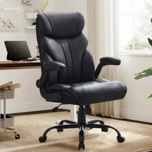 Comfortable Office Desk Chair 500 LBS, Big and Tall Office Chairs with Adjustable Flip-up Armrests,100-118°Recline Executive Leather Gaming Chair for Heavy People, Long Hours, Black