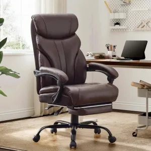 Comfortable Office Desk Chair 500 LBS, Big and Tall Office Chairs with Footrest, 90-155°Recline Executive Leather Gaming Chair for Heavy People, Long Hours, Coffee