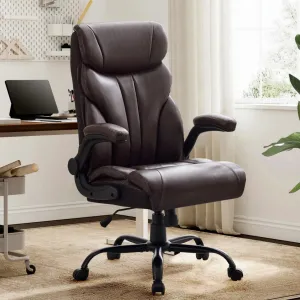 Comfortable Office Desk Chair 500 LBS, Big and Tall Office Chairs with Adjustable Flip-up Armrests,100-118°Recline Executive Leather Gaming Chair for Heavy People, Long Hours, Coffee