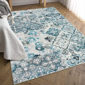 Washable Rug 9x12, Ultra-Thin Vintage Floral Medallion Area Rug for Bedroom, Non-Slip Foldable Living Room Carpet Non Shedding Large Accent Rug for Living Office Dining Room, Blue/Grey