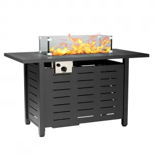 44 Inch Gas Firetable, 48000 Btu Outdoor Propane Fire Pit with Lid, Glass Wind Guard, Waterproof Cover, 2 in 1 Firepit Table On Patio Deck Garden Backyard