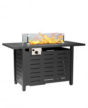 55 Inch Gas Firetable, 48000 Btu Outdoor Propane Fire Pit with Lid, Glass Wind Guard, Waterproof Cover, 2 In 1 Firepit Table On Patio Deck Garden Backyard