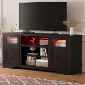Farmhouse TV Stand with LED Lights, Entertainment Center for 65/60/55 Inches Televisions, TV Console with Storage Cabinets and Open Shelves, TV Cabinet for Living Room, Bedroom, Black