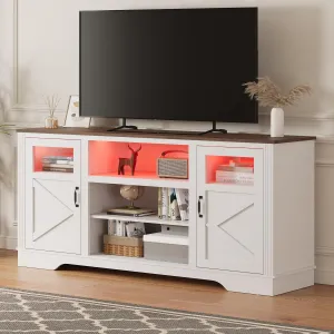 Farmhouse TV Stand with LED Lights, Entertainment Center for 65/60/55 Inches Televisions, TV Console with Storage Cabinets and Open Shelves, TV Cabinet for Living Room, Bedroom, White