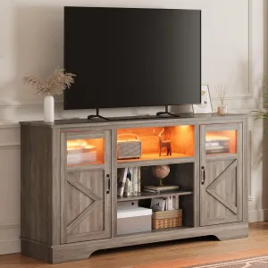 Farmhouse TV Stand with LED Lights, Entertainment Center for 65/60/55 Inches Televisions, TV Console with Storage Cabinets and Open Shelves, TV Cabinet for Living Room, Bedroom, Grey