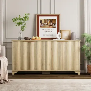 61" Large Buffet Sideboard Cabinet with 4 Fluted Doors and Storage, Modern Kitchen Storage Cabinet with Adjustable Shelves, Farmhouse Coffee Bar Cabinet for Kitchen, Living Room, Oak