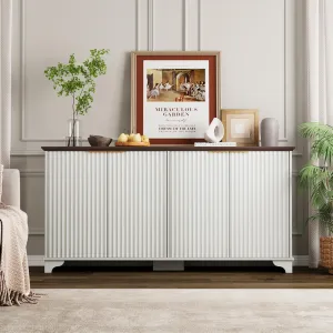 61" Large Buffet Sideboard Cabinet with 4 Fluted Doors and Storage, Modern Kitchen Storage Cabinet with Adjustable Shelves, Farmhouse Coffee Bar Cabinet for Kitchen, Living Room, White