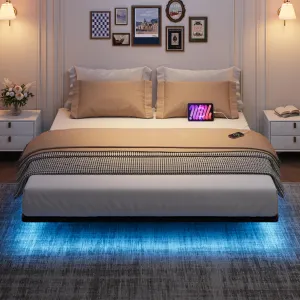 Floating Bed Frame, Queen Size Bed Frame With Led Lights, Charging Station, Metal Platform Bed Frame Queen, No Noise, No Box Spring Needed, Easy Assemble, Black