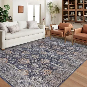 Area Rug 9x12 Washable Rugs for Living Room Large Vintage Rug Oriental Indoor Floor Carpet Non-Slip Backing Foldable Thin Rug Retro Floral Print Distressed Carpet for Bedroom Dining Blue