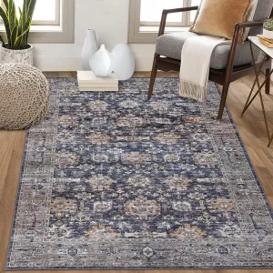 Area Rug 6x9 Washable Rug Vintage Rug Non Slip Backing Oriental Carpet Retro Indoor Distressed Throw Carpet Ultra-Thin Floral Print Floor Cover Foldable Rug for Living Room Bedroom Blue