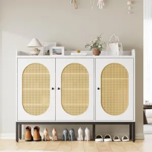 Shoe Cabinet Storage for entryway Shoe Organizer with 3 Rattan Doors Shoe Storage with Adjustable Shelves 7-Tier Shoe Rack zapatero organizador for Hallway Living Room White
