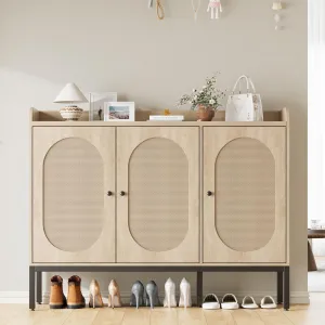 Shoe Cabinet with 3 Rattan Doors, Freestanding Shoe Storage Organizer with Adjustable Shelves, 7-Tier Shoe Storage Cabinet for Entryway, Hallway, Living Room, Closet, Natural