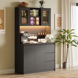 Kitchen Pantry Cabinet with Led Lights and Charging Station, Modern Kitchen Cabinet Hutch Cabinet with Storage and Microwave Stand, Tall Pantry Cabinet Buffet Cabinet with Countertop, Black