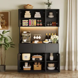 Pantry Cabinet with LED Lights and Charging Station, Large Kitchen Pantry with Microwave Countertop, Tall Storage Cabinet with Storage Drawers, Black