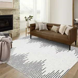Area Rug Washable Rugs for Living Room Modern Minimalistic Striped Area Rug for Bedroom Contemporary Distressed Geometric Office Carpet Low Pile Neutral Soft Nursery Rug 4'x6' Off White