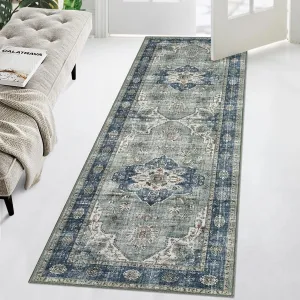 2x6 Washable Runner Rug Low Pile Non Slip Hallway Rug Runner Vintage Distressed Accent Runners Ultra-Thin Non-Shedding Stain Resistant Floor Carpet for Entryway Kitchen Laundry Demin