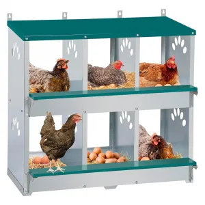 6-Compartment Metal Nesting Box – Heavy-Duty Roll Away Egg Design w/Perch & Cover for Poultry Wall/Floor Mount, Green