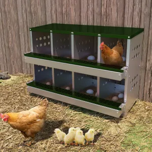 8-Compartment Metal Nesting Box – Heavy-Duty Roll Away Egg Design w/Perch & Cover for Poultry Wall/Floor Mount, Green