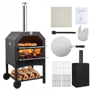 Outdoor Pizza Oven, Wood-Fired with Wheels, 12" Pizza Stone, Waterproof Cover, Pizza Peel & Accessories for Camping, Backyard BBQ, and Parties
