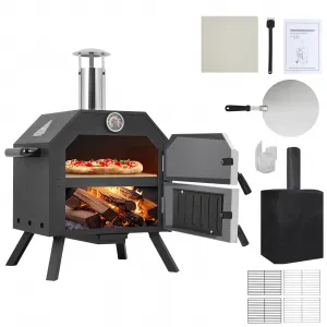 Wood-Fired Outdoor Pizza Oven, Foldable Legs, 12" Stone, Pizza Peel, Waterproof Cover for Camping, Backyard BBQ, and Parties