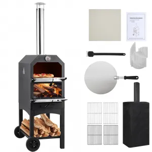 Wood-Fired Outdoor Pizza Oven, Portable with Pizza Stone, Peel, Grill Rack, Wheels, and Waterproof Cover for Backyard, Patio, and Camping