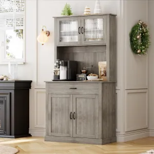 Kitchen Pantry Cabinet with Doors and Shelves, 71” Freestanding Tall Kitchen Cabinet with Microwave Stand, Hutch Cabinet for Kitchen, Dining Room, Grey