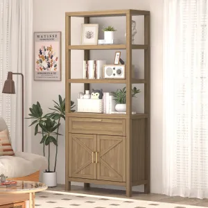 71" Bookshelf and Bookcase with Doors, 5 Tier Tall Bookshelf Storage with Cabinet and Drawer, Modern Bookshelf Cabinet with Adjustable Shelves,Large Farmhouse Bookcases Library Book Case for Home Offi