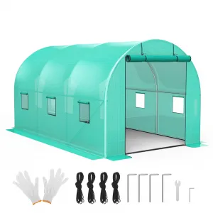13'x8'x7' Walk-In Tunnel Greenhouse Hoop House with Galvanized Steel Frame, 140g/m² Green PE Cover, Roll-Up Zipper Door & 6 Windows