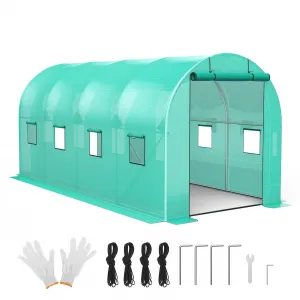 15x7x7 FT Walk-in Greenhouse Hoop House Galvanized Steel Frame, 140g/m² PE Cover, 2 Zipper Doors & 8 Windows