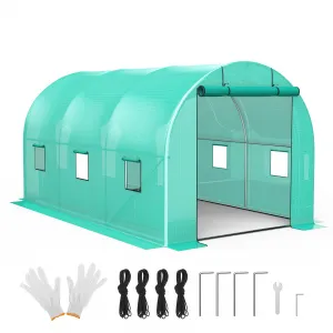 13x8x7 FT Walk-in Tunnel Greenhouse Hoop House Galvanized Steel Frame, 140g/m² PE Cover, 2 Roll-up Doors & 6 Windows