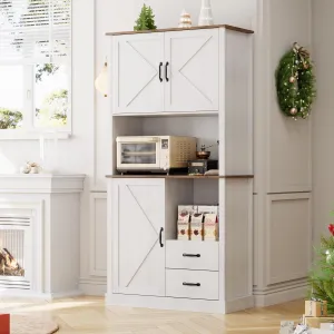 Modern Kitchen Pantry Cabinet with Microwave Stand, Tall Hutch Bar Cabinet with Drawers & Adjustable Shelves, Large Wood Storage Cabinet for Dining Room, Living Room, White