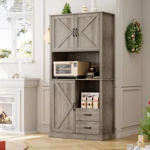 Modern Kitchen Pantry Cabinet with Microwave Stand, Tall Hutch Bar Cabinet with Drawers & Adjustable Shelves, Large Wood Storage Cabinet for Dining Room, Living Room, Grey