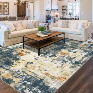 Washable Area Rugs 9x12 Large Thin Modern Abstract Rug, Soft Low Pile Printed Indoor Carpet with Non-Slip Backing, Stain Resistant Contemporary Carpet for Living Room, Bedroom